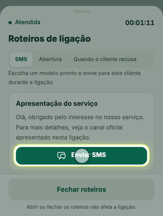 A tela deste passo: Envie o SMS